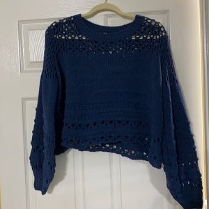 FATE cropped blue distressed open knit sweater